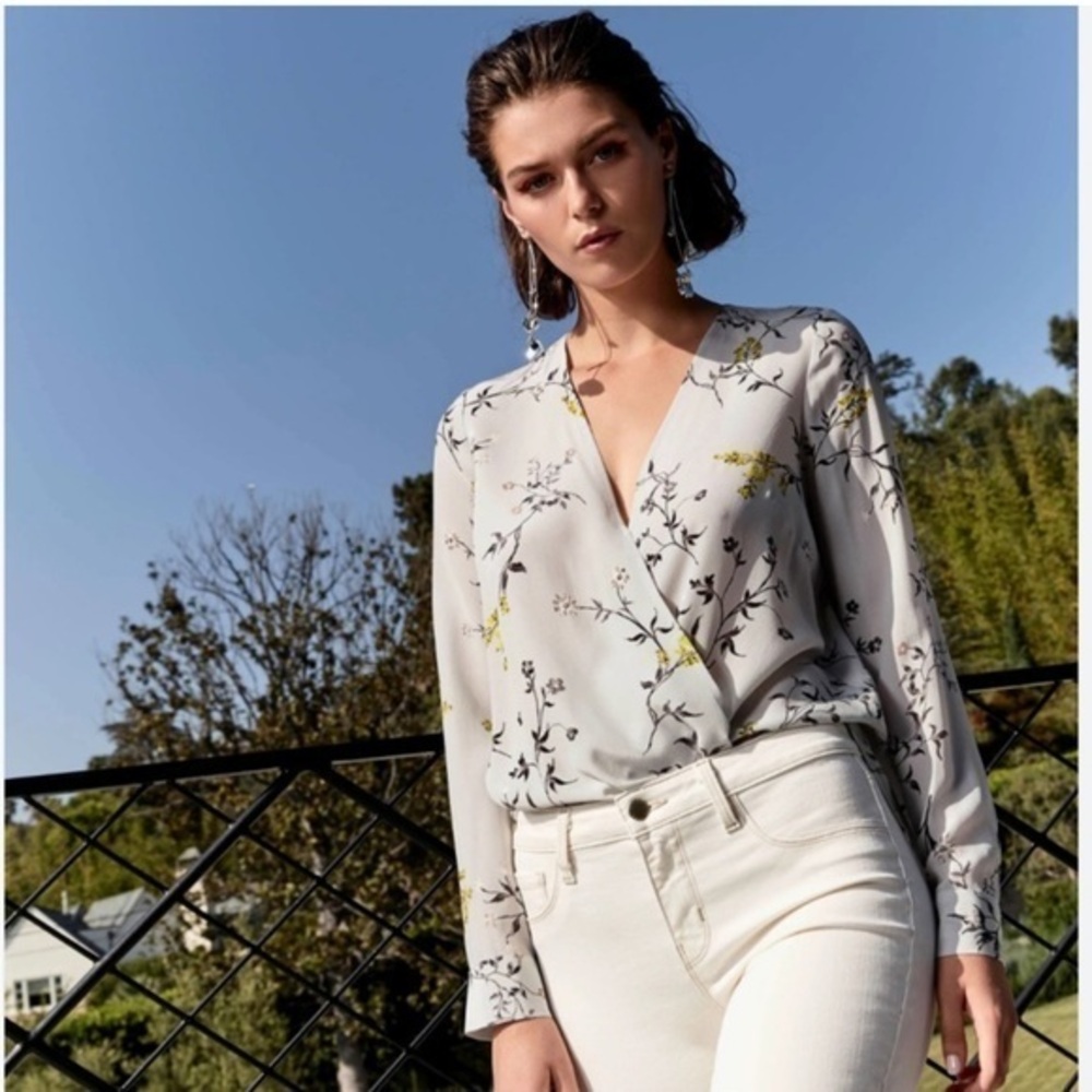 L’agence Blouse Kyla Draped Silk Ling Sleeve in Grey Floral